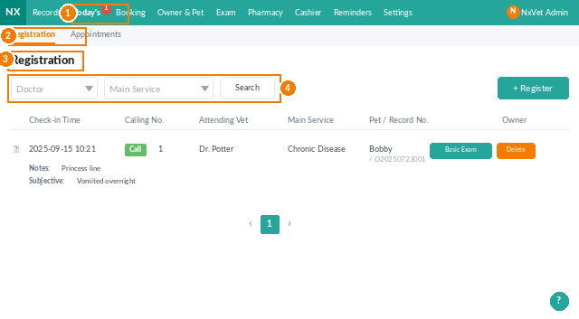 Registration / Check-in landing screen showing the registered medical records list with search filters