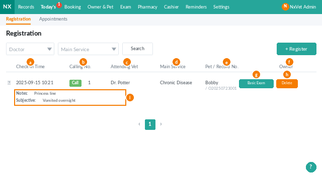 Registration row actions in NxVet showing call number, edit, and basic measurement buttons