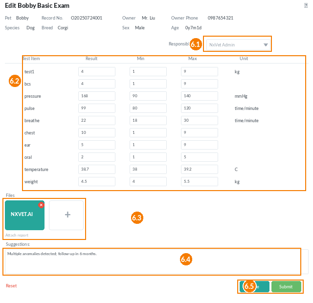 Basic measurements dialog in NxVet with numbered annotations showing each field
