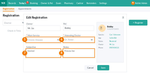 NxVet edit registration form showing main service and attending vet fields