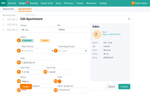 Today's Appointments tab in NxVet showing scheduled visits